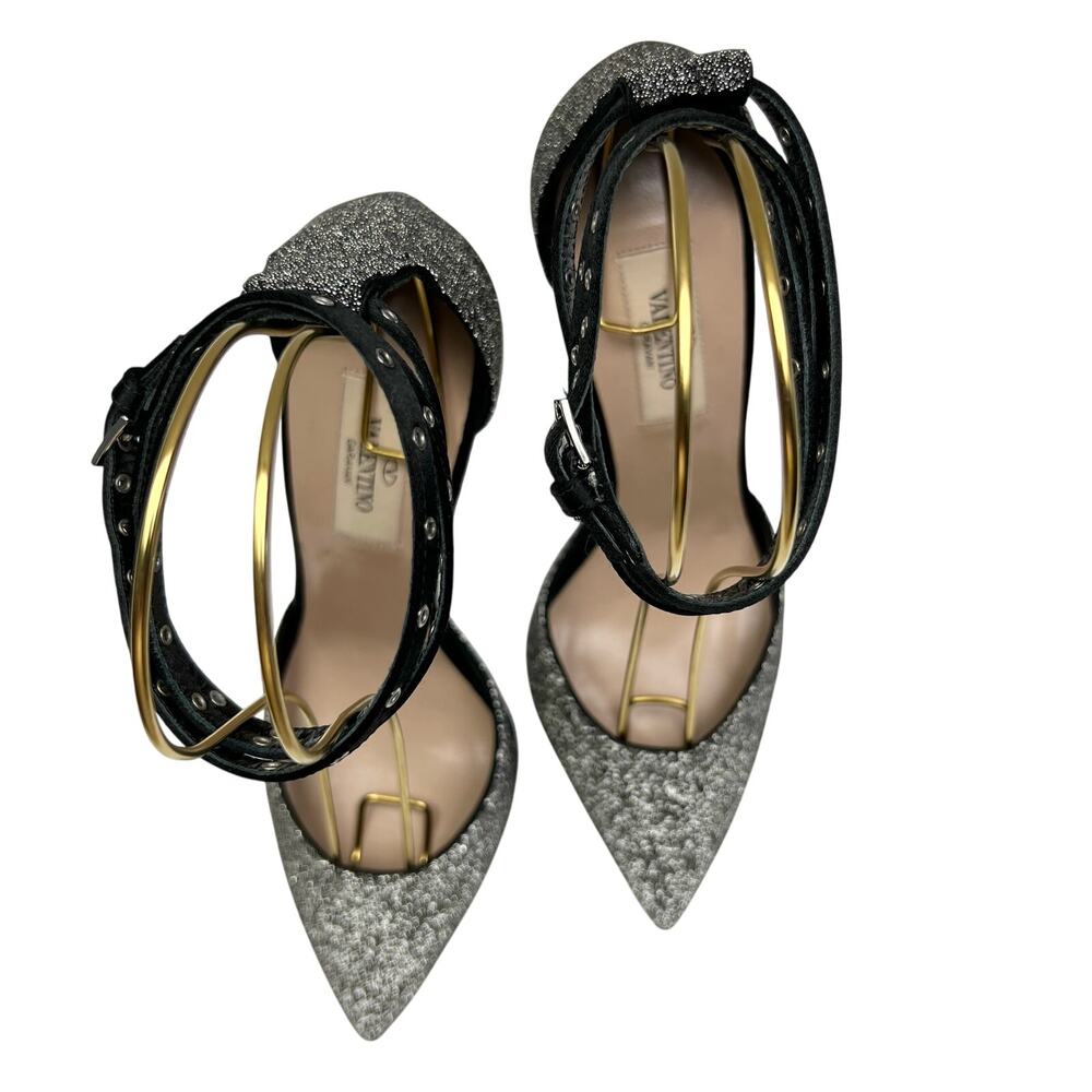 VALENTINO GARAVANI Glitter Ankle Strap Pumps EU 38 US 8 Silver Metallic Heels - Picture 8 of 11